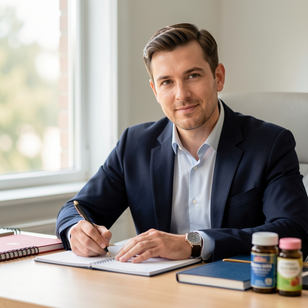 Editorial portrait of a man writing at a desk in a bright studio with notebooks and supplement references, soft natural light from a window
