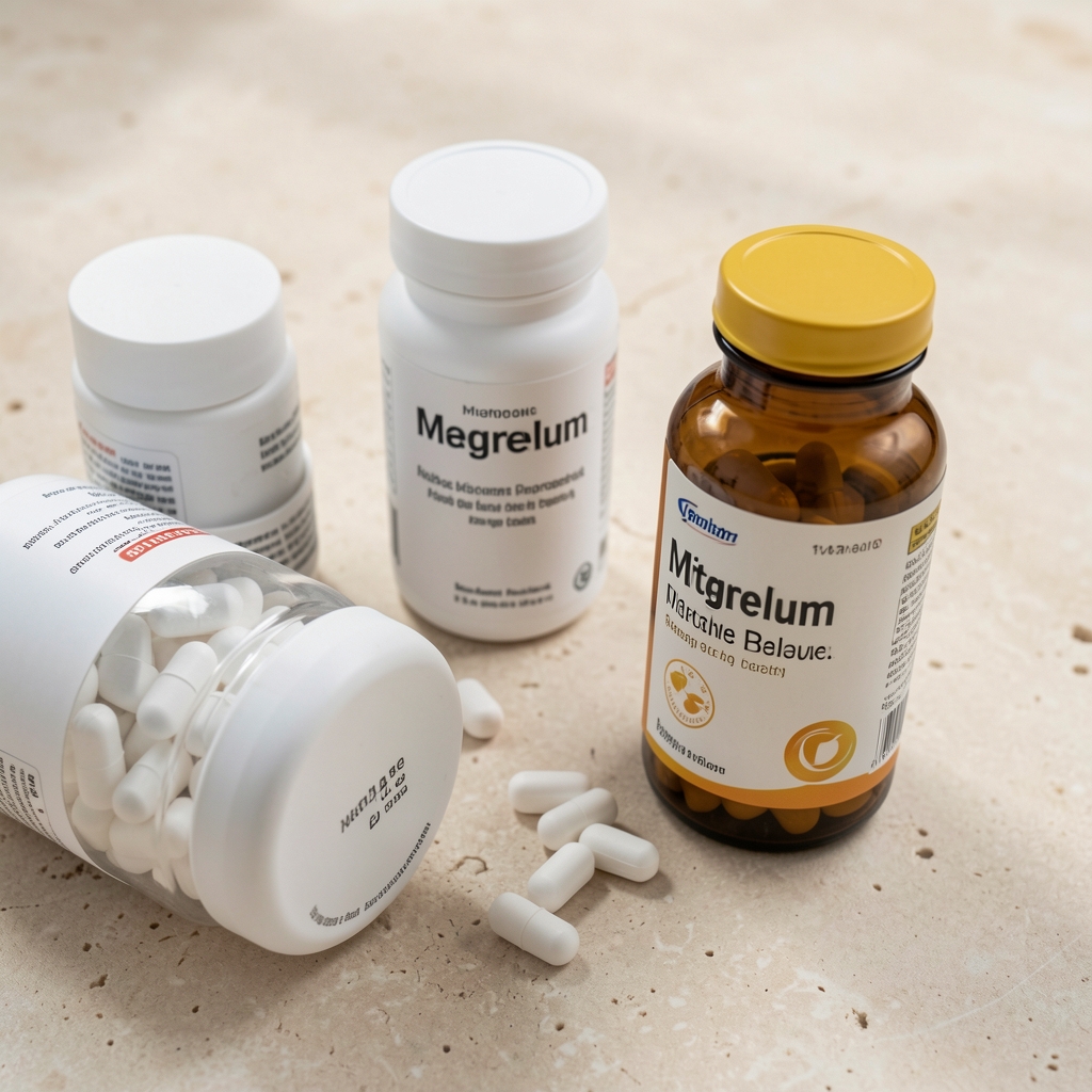 Close-up of magnesium supplement containers and a vitamin D bottle arranged on a pale stone surface, natural overhead light, minimal editorial composition