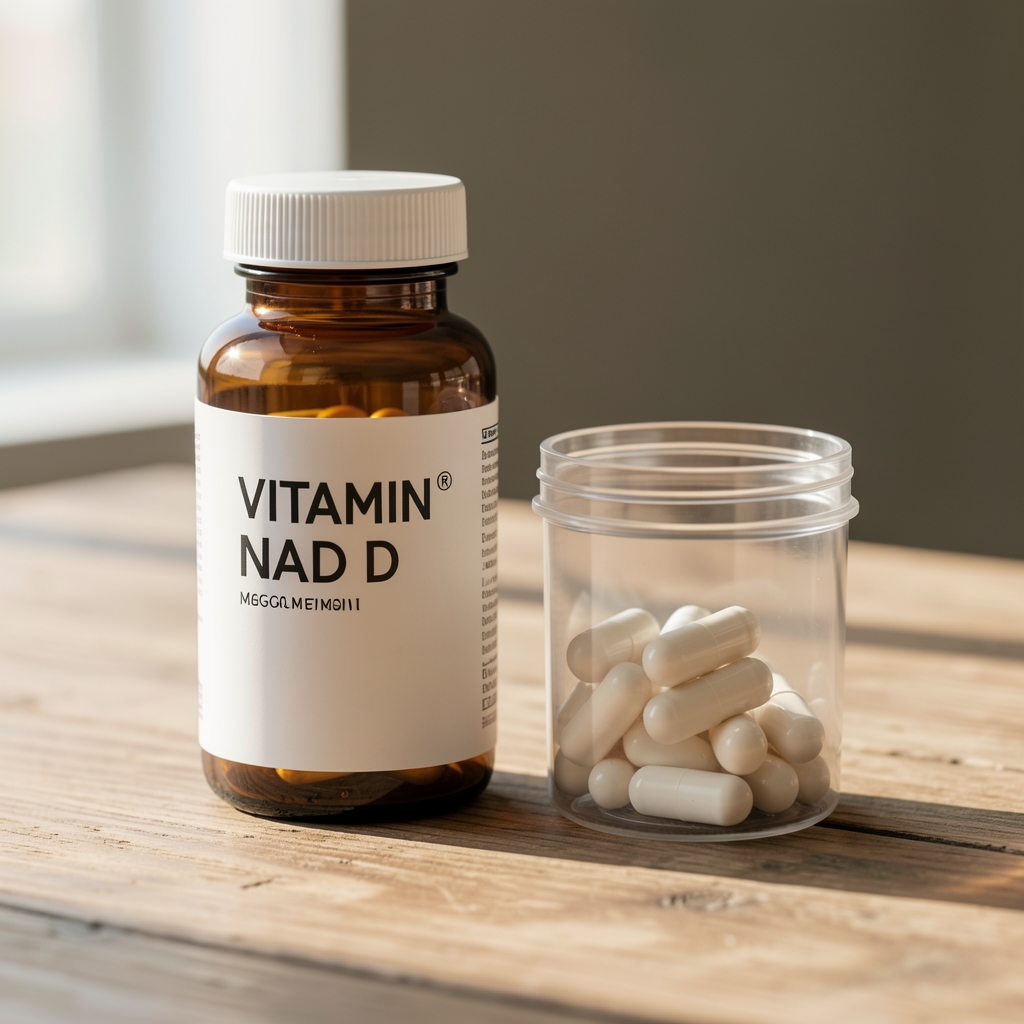 Vitamin D supplement bottle and magnesium capsule container on a wooden surface with natural morning light, minimal editorial composition