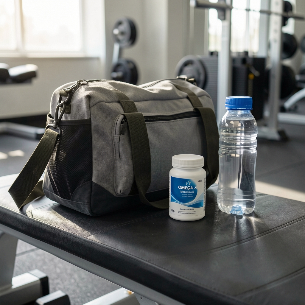 Gym bag and water bottle alongside omega-3 supplement container on a clean gym bench, editorial flat lay composition with natural light