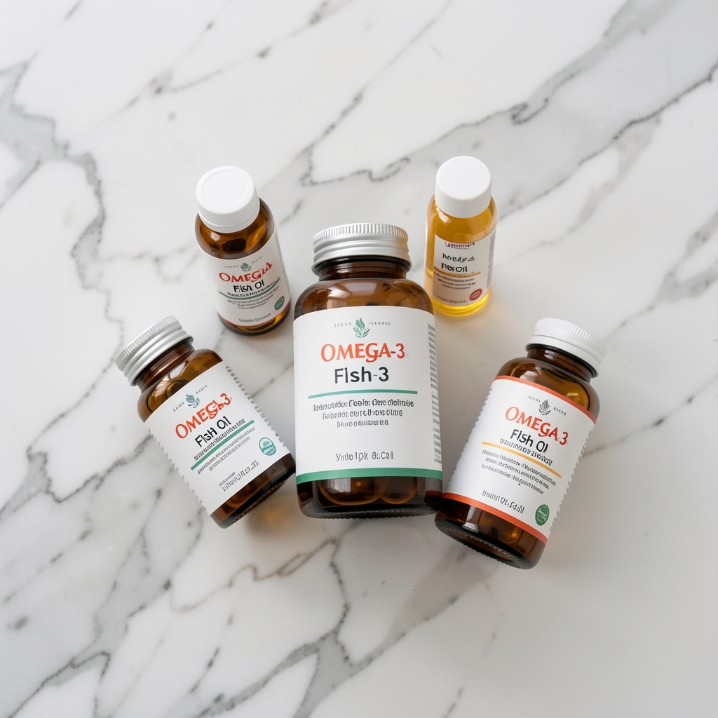 Omega-3 fish oil supplement bottles on a clean marble surface, overhead editorial photography with soft natural light