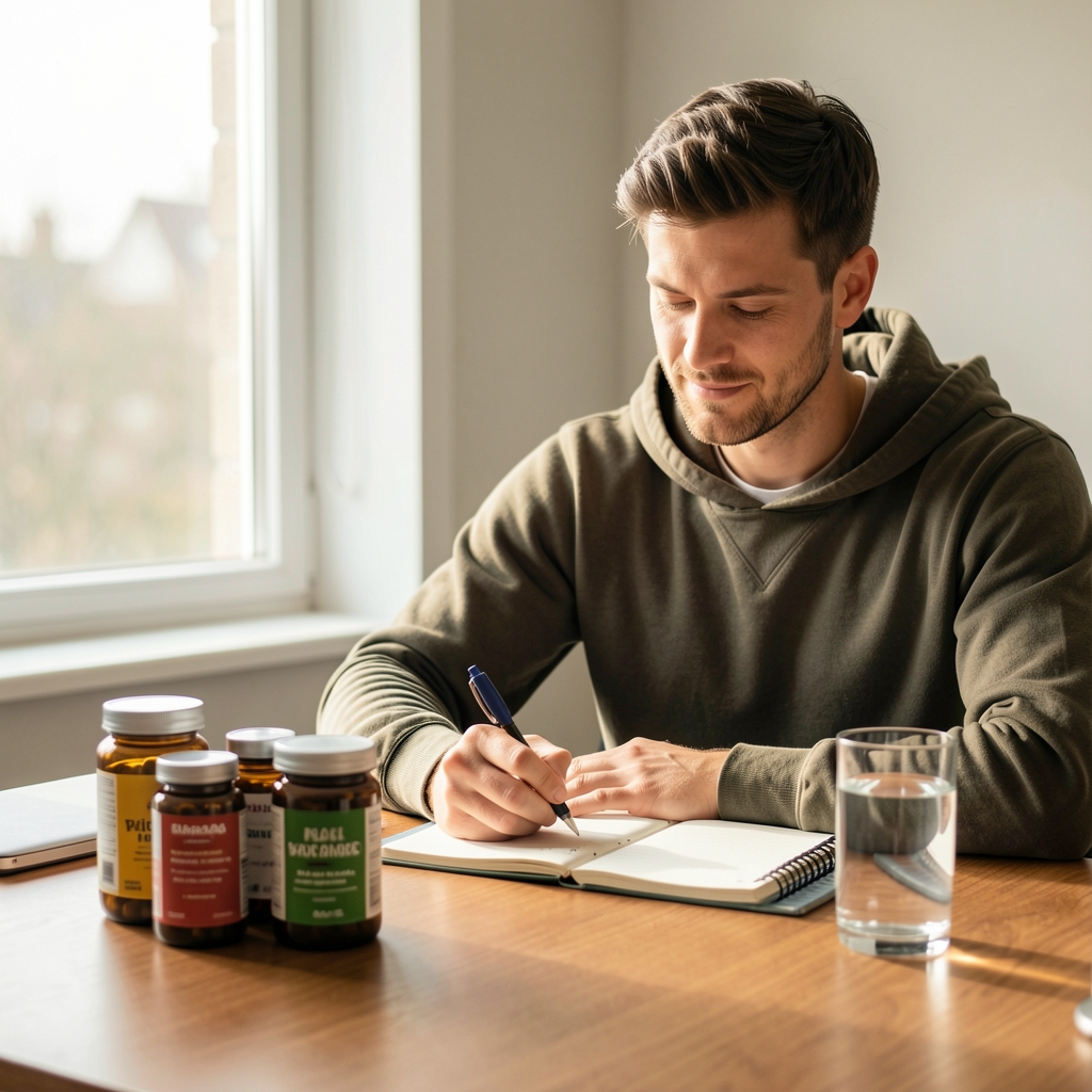 Man journalling at a desk with supplement containers beside a glass of water, soft daylight coming through a window, morning routine editorial composition