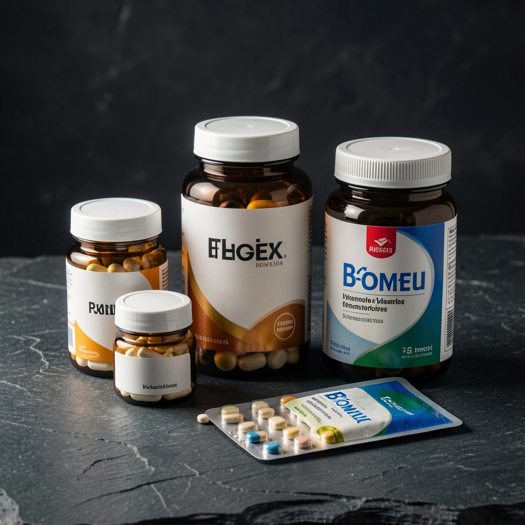 Assorted supplement containers and a B-complex vitamin packet on a dark stone surface with dramatic editorial side lighting