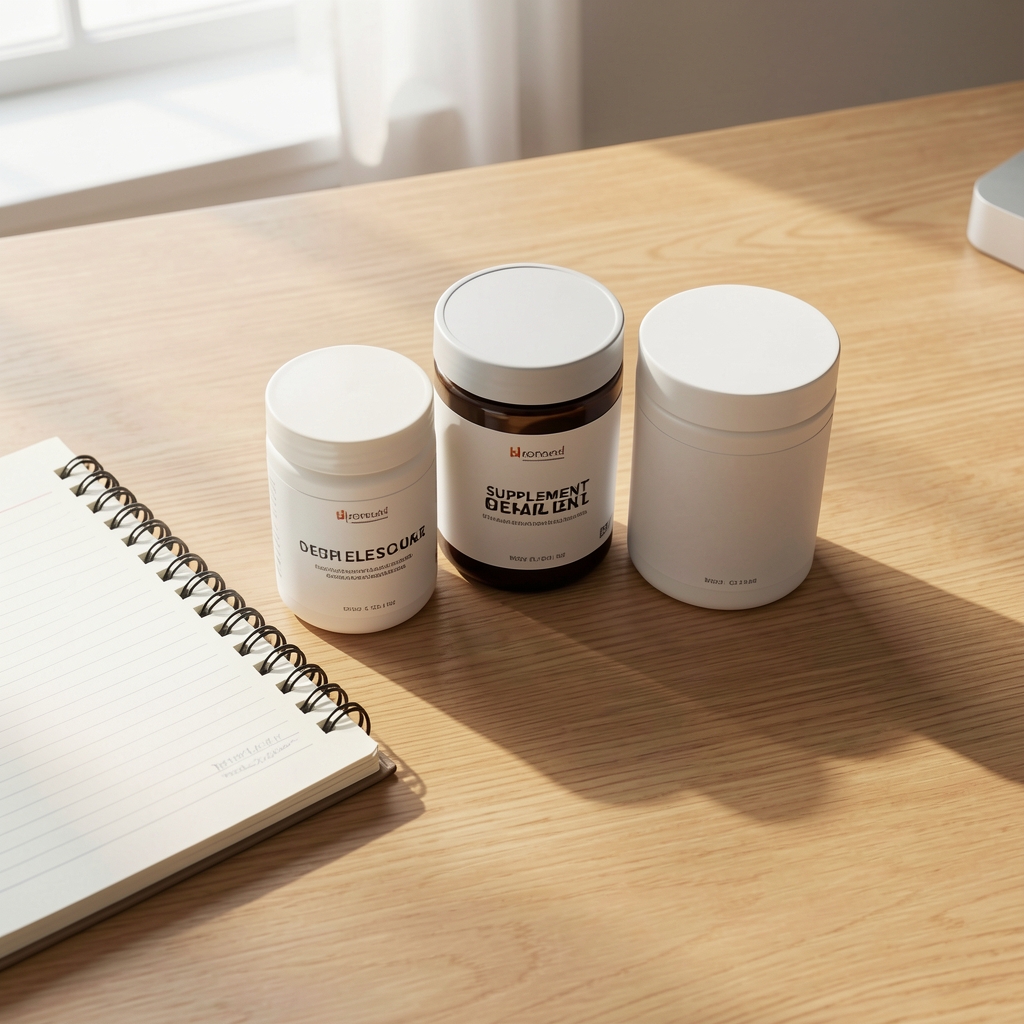 Supplement containers arranged on a clean wooden desk with a notebook and morning light, editorial flat lay composition
